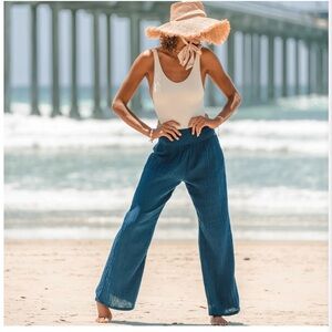 Lotus and Luna Cotton Wide Leg Pants High Rise Deep Teal S/M